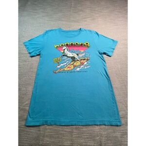 Bonnaroo Music Arts Festival Pizza Surfing Unicorn Graphic T-Shirt Blue Small
